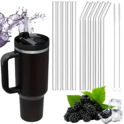 IMCHEX | BLACK | Kubek termiczny 1200 ml ze słomką + 10 szklanych słomek