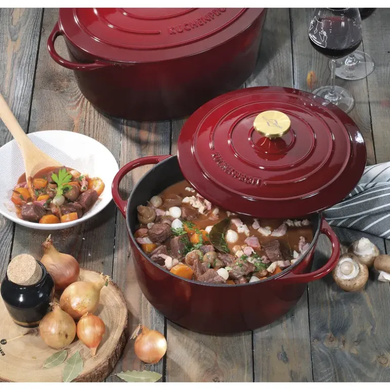 KÜCHENPROFI | Provence | garnek do zapiekania, emaliowane żeliwo, 4,2 l, śred. 24 x 11,5 cm, ciemnoczerwony/mosiądzowy