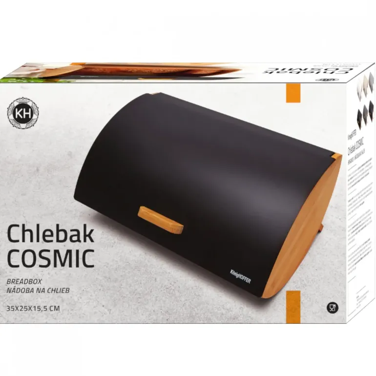 KÖNIGHOFFER COSMIC Chlebak czarny z otwieraną pokrywą 35 cm / drewno bambusowe