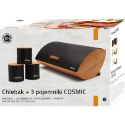 KÖNIGHOFFER COSMIC Chlebak z otwieraną pokrywą 35 cm + 3 pojemniki do przechowywania / czarne / drewno bambusowe