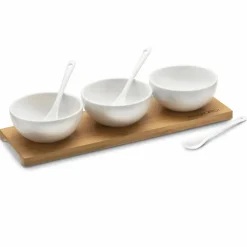 KONIGHOFFER CERAMIC Zestaw do serwowania dipów / miseczki NBC 150 ml + deska bambusowa / białe