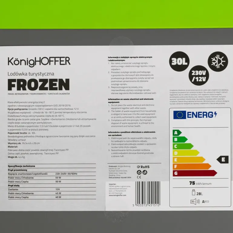 KONIGHOFFER FROZEN Lodówka turystyczna 30 l / elektryczna 12 V 230 V / na prąd stały i zmienny