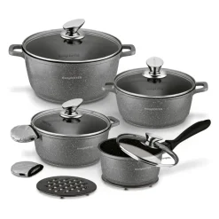KONIGHOFFER POLLO GREY Zestaw garnków z pokrywkami 8 el + 2 nakładki na uchwyty / indukcja / szary nakrapiany