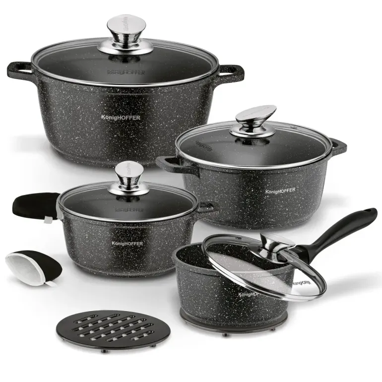 KONIGHOFFER POLLO Zestaw garnków z pokrywkami 8 el + 2 nakładki na uchwyty / indukcja / szary nakrapiany