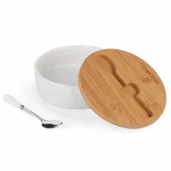 KONIGHOFFER Porcelanowa cukiernica z bambusową pokrywą + łyżeczka / biała / 350 ml