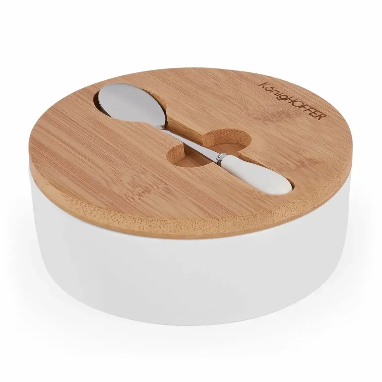 KONIGHOFFER Porcelanowa cukiernica z bambusową pokrywą + łyżeczka / biała / 350 ml
