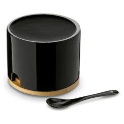 KONIGHOFFER Porcelanowa cukiernica 350 ml z bambusową pokrywką + łyżeczka / czarna