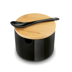 KONIGHOFFER Porcelanowa cukiernica 350 ml z bambusową pokrywką + łyżeczka / czarna
