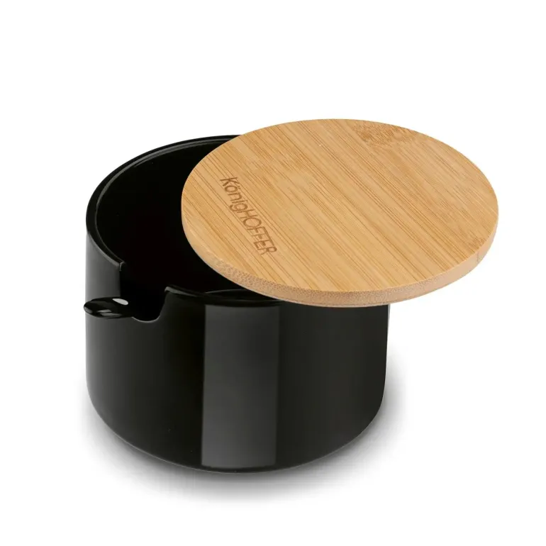 KONIGHOFFER Porcelanowa cukiernica 350 ml z bambusową pokrywką + łyżeczka / czarna