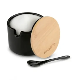 KONIGHOFFER Porcelanowa cukiernica 350 ml z bambusową pokrywką + łyżeczka / czarna