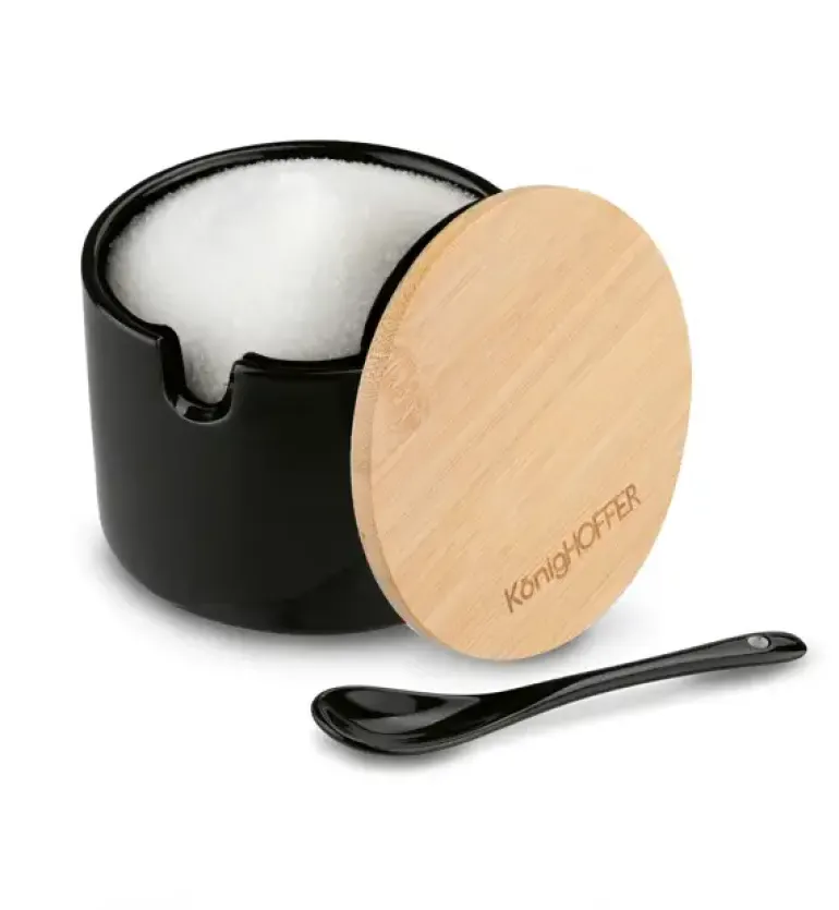 KONIGHOFFER Porcelanowa cukiernica 350 ml z bambusową pokrywką + łyżeczka / czarna