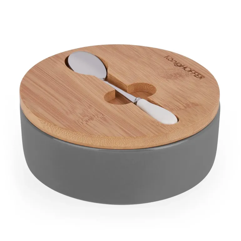 KONIGHOFFER Porcelanowa cukiernica z bambusową pokrywą + łyżeczka / szara / 350 ml