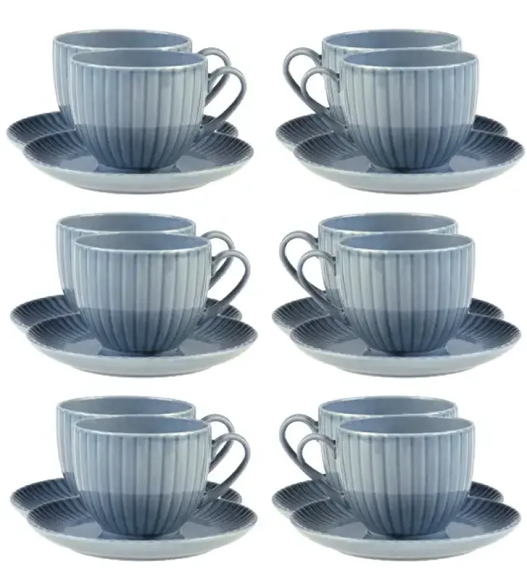 LUBIANA DAISY SEASIDE K9 Komplet 12x filiżanka 200 ml + spodek 14,5 cm / szaro - niebieski