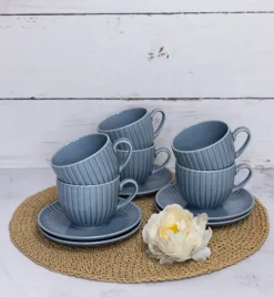 LUBIANA DAISY SEASIDE K9 Komplet 6x filiżanka 200 ml + spodek 14,5 cm / szaro - niebieski