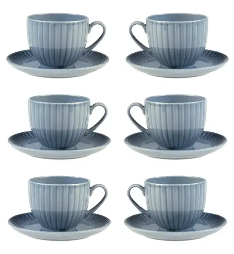 LUBIANA DAISY SEASIDE K9 Komplet 6x filiżanka 200 ml + spodek 14,5 cm / szaro - niebieski