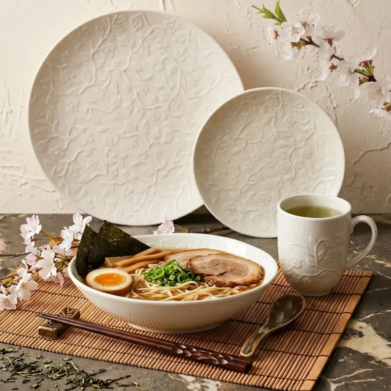 LUBIANA HANAMI KE KREMOWY Serwis obiadowy z kubkiem 48 el 12 os / zdobiona porcelana luz