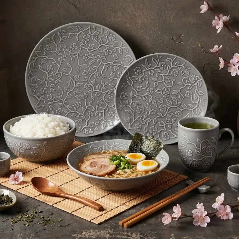 LUBIANA HANAMI K1 SZARY Serwis obiadowy 90 el 18 osób kwiatowy relief