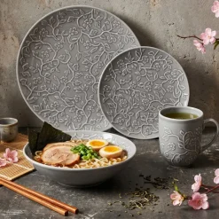 LUBIANA HANAMI K1 SZARY Serwis obiadowy 96 el 24 osób kwiatowy relief