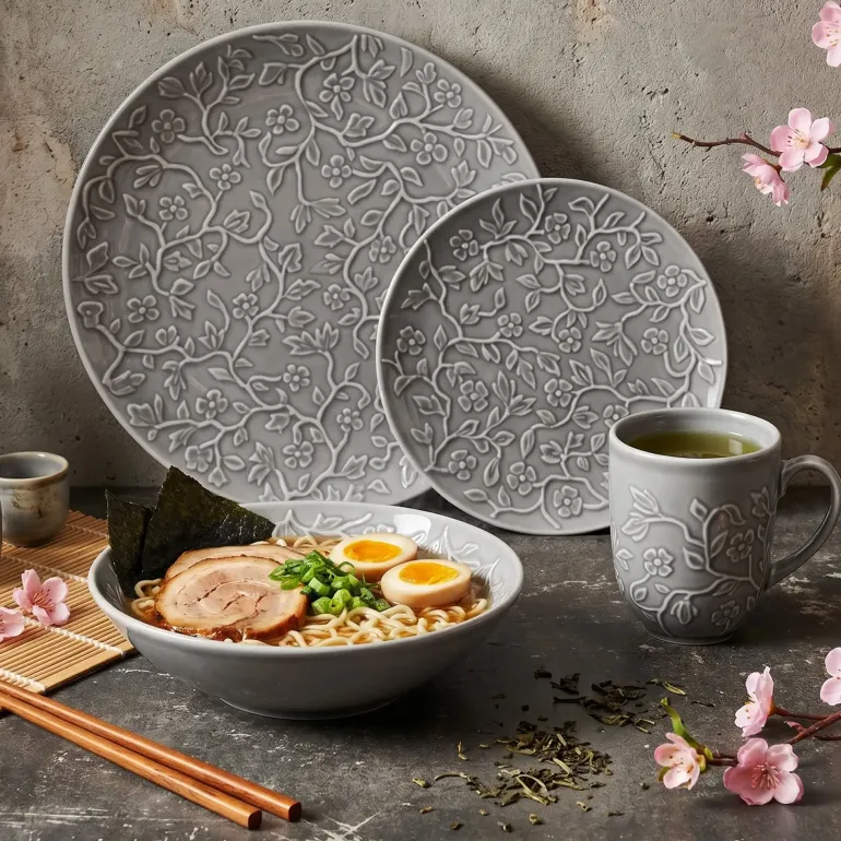 LUBIANA HANAMI K1 SZARY Serwis obiadowy 96 el 24 osób kwiatowy relief