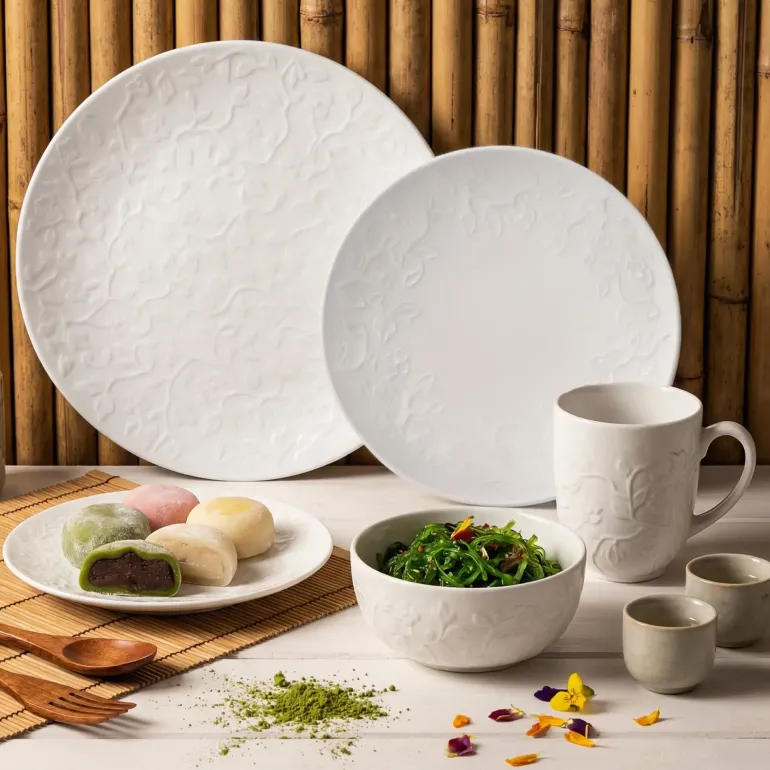 LUBIANA HANAMI Serwis obiadowy 120 el / 24 os z kubkami i salaterkami | biała porcelana
