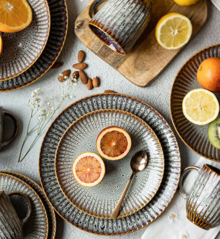LUBIANA STONEWARE | METEOR DESERT / Talerz deserowy 20,5 cm luz / odcień piaskowo - niebieski