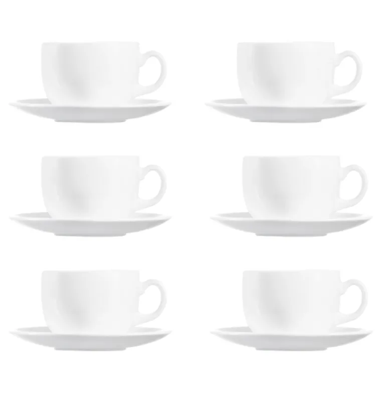 LUMINARC DIWALI WHITE Komplet 6 filiżanek 220 ml ze spodkami 14 cm| biały | szkło hartowane