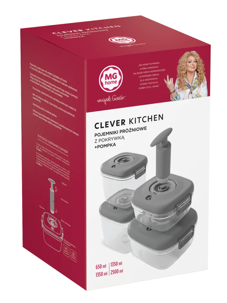 MG HOME CLEVER KITCHEN ZESTAW 4 POJEMNIKÓW HERMETYCZNYCH z pompka (SZARE)