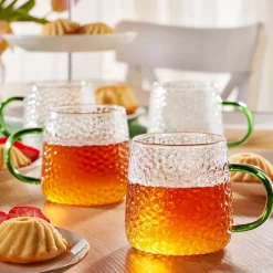 MG HOME | DECO Zestaw 4 szklanek żłobionych z uchem 350 ml / zielone