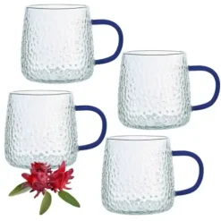 MG HOME | DECO Zestaw 4 szklanek żłobionych z uchem 350 ml / niebieskie