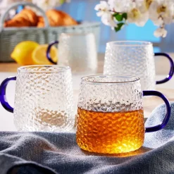 MG HOME | DECO Zestaw 4 szklanek żłobionych z uchem 350 ml / niebieskie