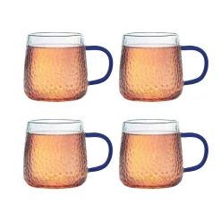MG HOME | DECO Zestaw 4 szklanek żłobionych z uchem 350 ml / niebieskie