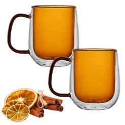MG HOME | DECO Zestaw 2 szklanek termicznych z uchem 300 ml / bursztynowe