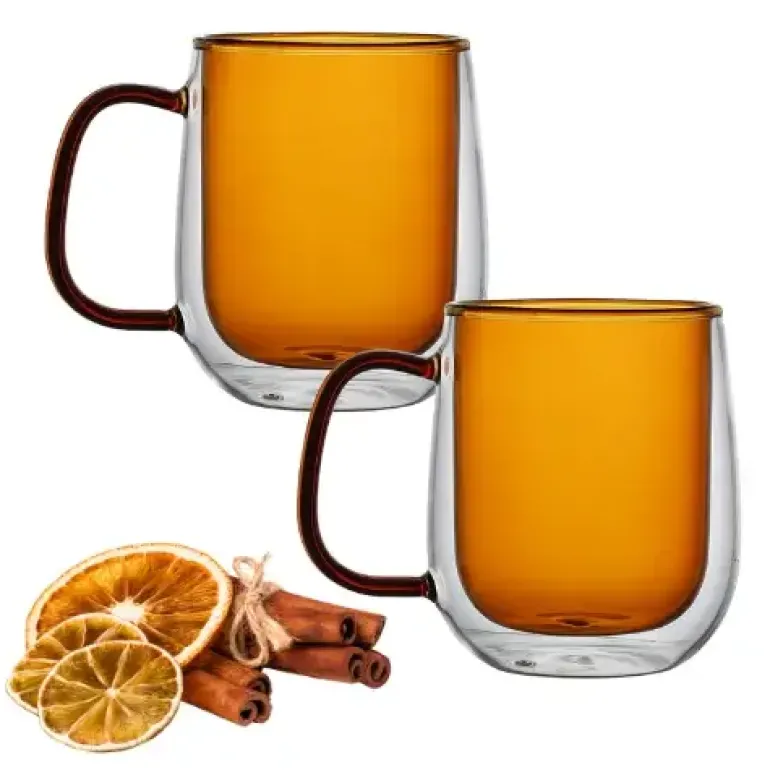MG HOME | DECO Zestaw 2 szklanek termicznych z uchem 300 ml / bursztynowe
