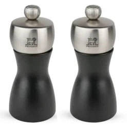 PEUGEOT FIDJI Komplet młynków do soli i pieprzu 12 cm / czarny mat / drewno + stal nierdzewna