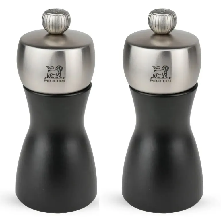 PEUGEOT FIDJI Komplet młynków do soli i pieprzu 12 cm / czarny mat / drewno + stal nierdzewna