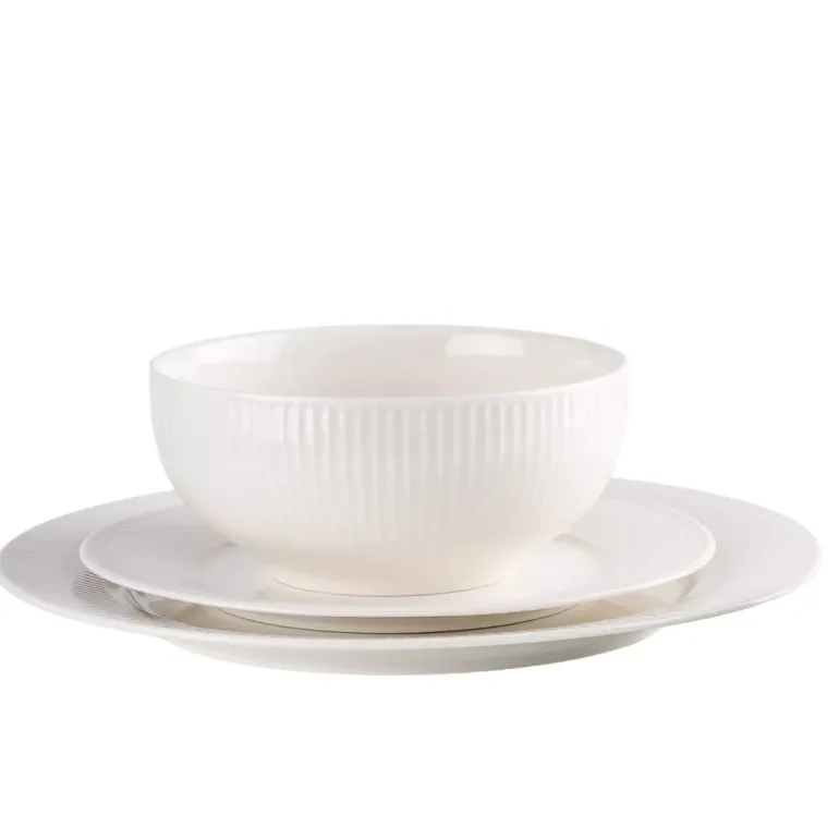 PRIMA DECO HARMONY Komplet obiadowy 54 el dla 18 os / ryflowany / prążek / ecru / porcelana
