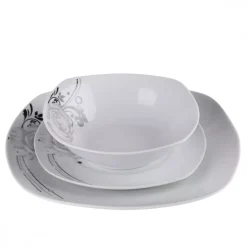 PRIMA DECO Komplet obiadowy 36 el dla 12 os SZARA RÓŻA / kwadratowy / porcelana
