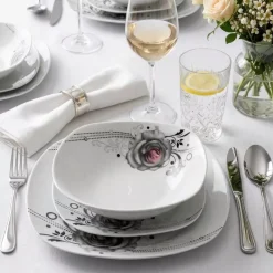 PRIMA DECO Komplet obiadowy 36 el dla 12 os SZARA RÓŻA / kwadratowy / porcelana