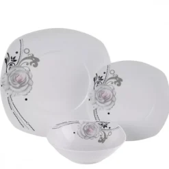 PRIMA DECO Komplet obiadowy 36 el dla 12 os SZARA RÓŻA / kwadratowy / porcelana