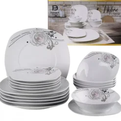 PRIMA DECO Komplet obiadowy 36 el dla 12 os SZARA RÓŻA / kwadratowy / porcelana