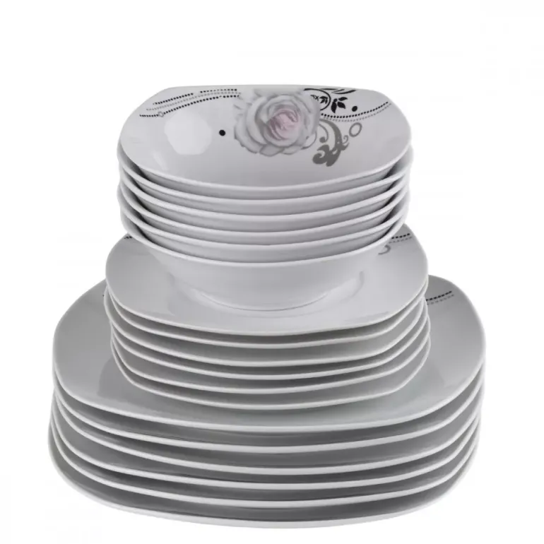 PRIMA DECO Komplet obiadowy 18 el dla 6 os SZARA RÓŻA / kwadratowy / porcelana
