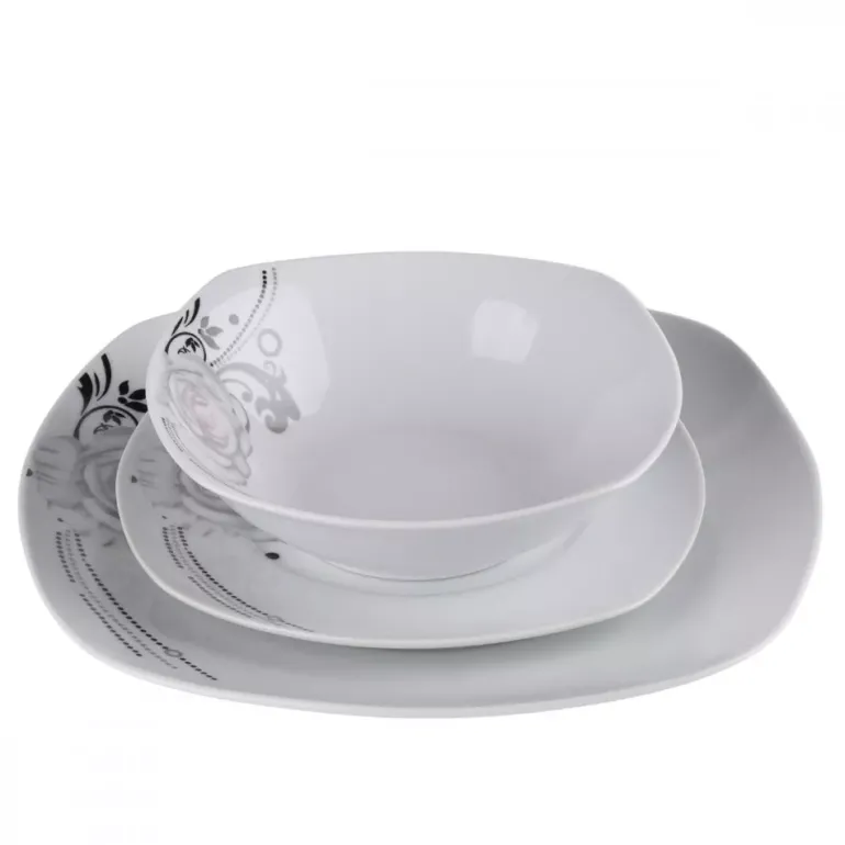 PRIMA DECO Komplet obiadowy 18 el dla 6 os SZARA RÓŻA / kwadratowy / porcelana