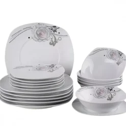 PRIMA DECO Komplet obiadowy 54 el dla 18 os SZARA RÓŻA / kwadratowy / porcelana