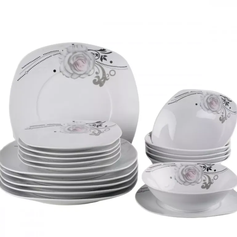 PRIMA DECO Komplet obiadowy 54 el dla 18 os SZARA RÓŻA / kwadratowy / porcelana