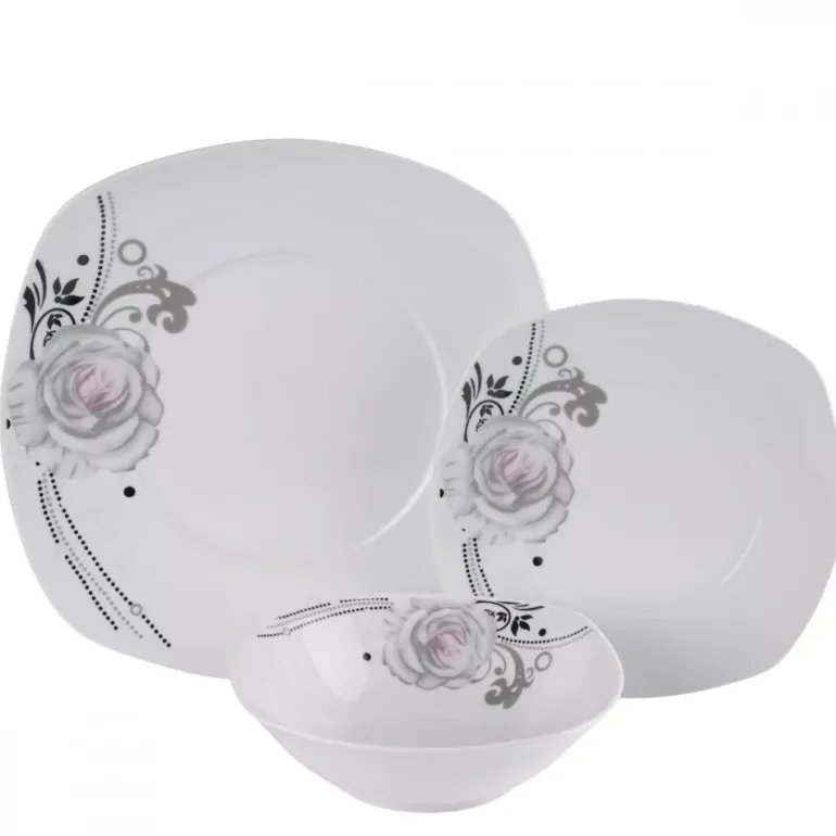 PRIMA DECO Komplet obiadowy 54 el dla 18 os SZARA RÓŻA / kwadratowy / porcelana