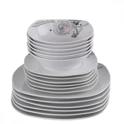 PRIMA DECO Komplet obiadowy 54 el dla 18 os SZARA RÓŻA / kwadratowy / porcelana