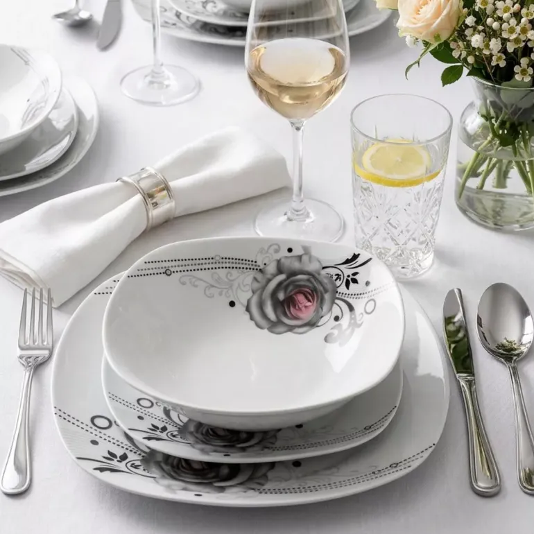 PRIMA DECO Komplet obiadowy 54 el dla 18 os SZARA RÓŻA / kwadratowy / porcelana