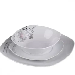 PRIMA DECO Komplet obiadowy 54 el dla 18 os SZARA RÓŻA / kwadratowy / porcelana