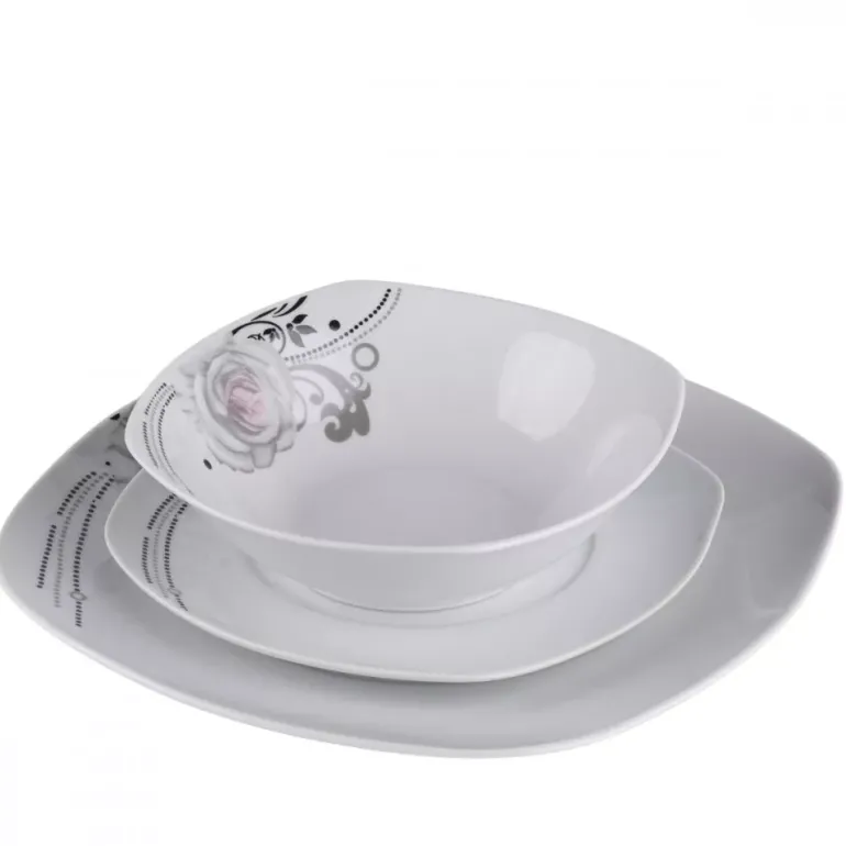 PRIMA DECO Komplet obiadowy 54 el dla 18 os SZARA RÓŻA / kwadratowy / porcelana