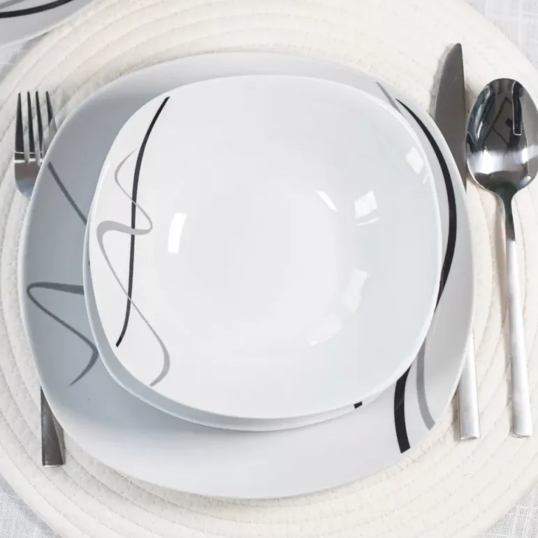 PRIMA DECO Komplet obiadowy 36 el dla 12 os FALA / kwadratowy / porcelana
